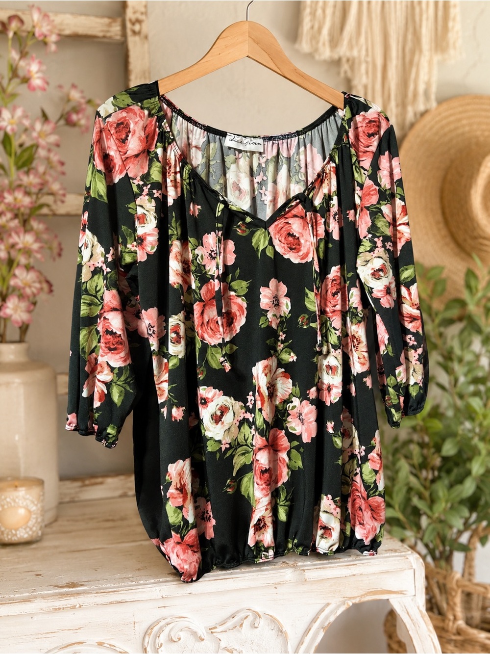 Star Vixen Women’s Floral Off-Shoulder Peasant Top - Black with Pink Rose Print